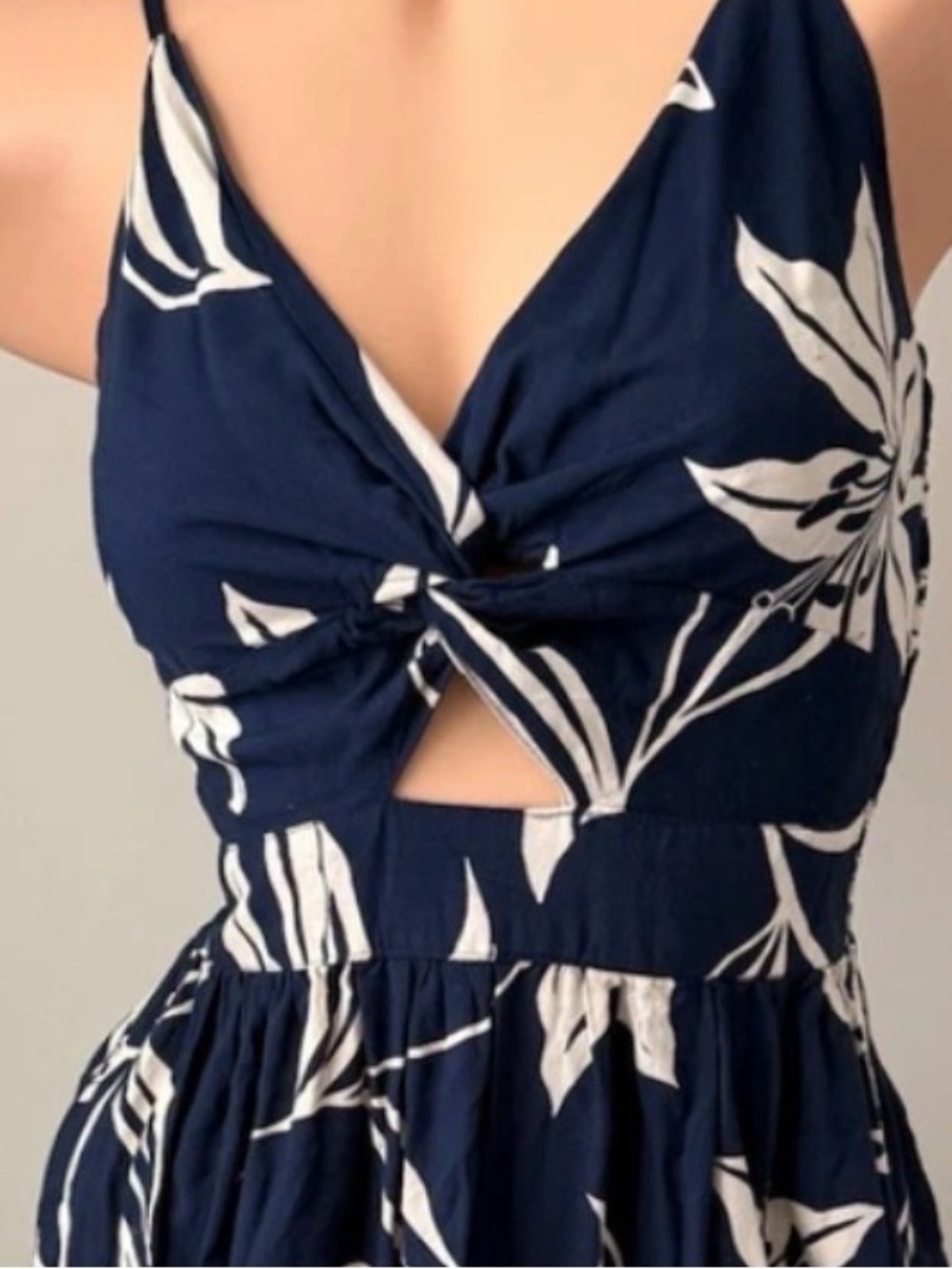 Navy Blue Floral Maxi Dress with White Tropical Print - Picture 4 of 4